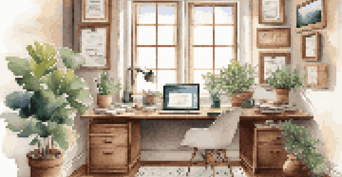 A home office with a wooden desk, laptop, stationery, and plants, bathed in natural light with motivational quotes on the walls.