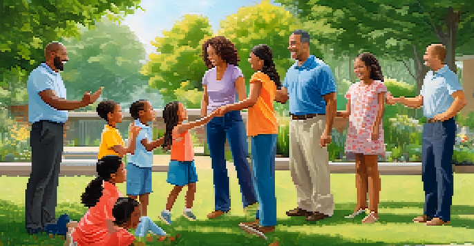 A family celebrating outside at their meeting point after an emergency drill.