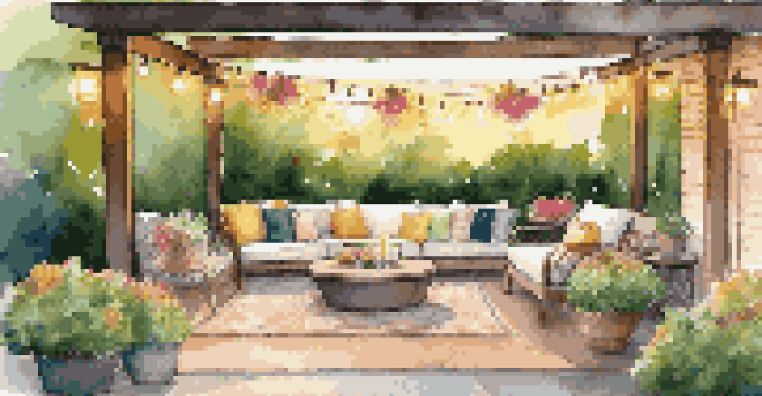 A cozy outdoor patio with comfortable seating, surrounded by greenery and string lights, creating a serene atmosphere during sunset.