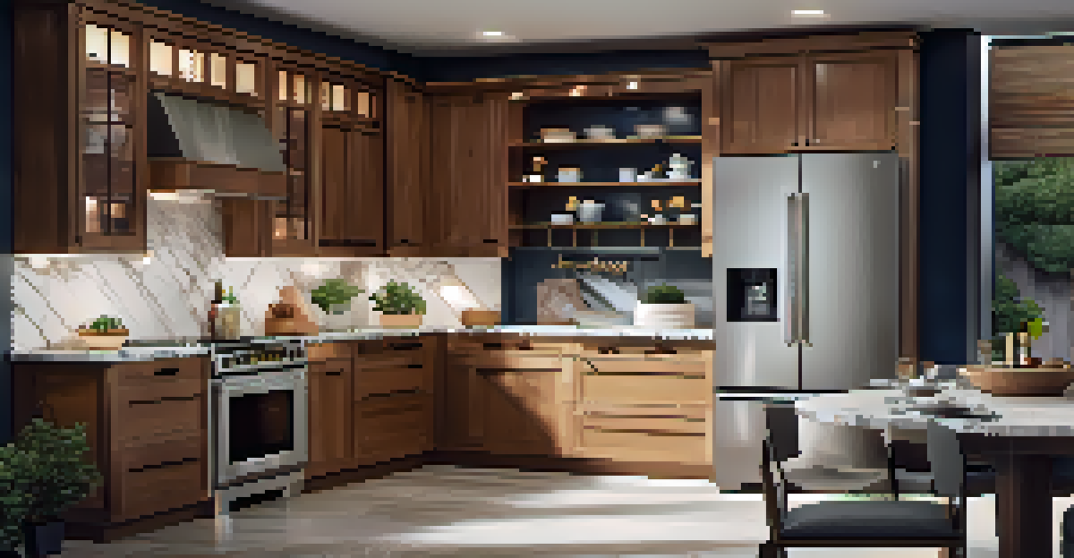 A stylish kitchen featuring smart appliances like a refrigerator and oven, with warm lighting and a digital assistant on the counter.
