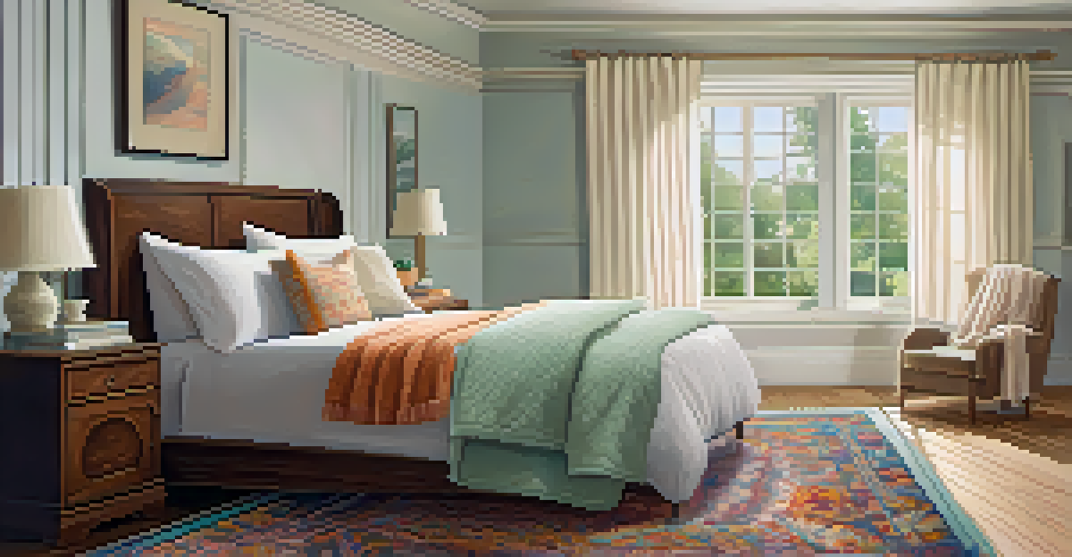 A peaceful bedroom with a neatly made bed, soft colors, and natural light streaming through the curtains.