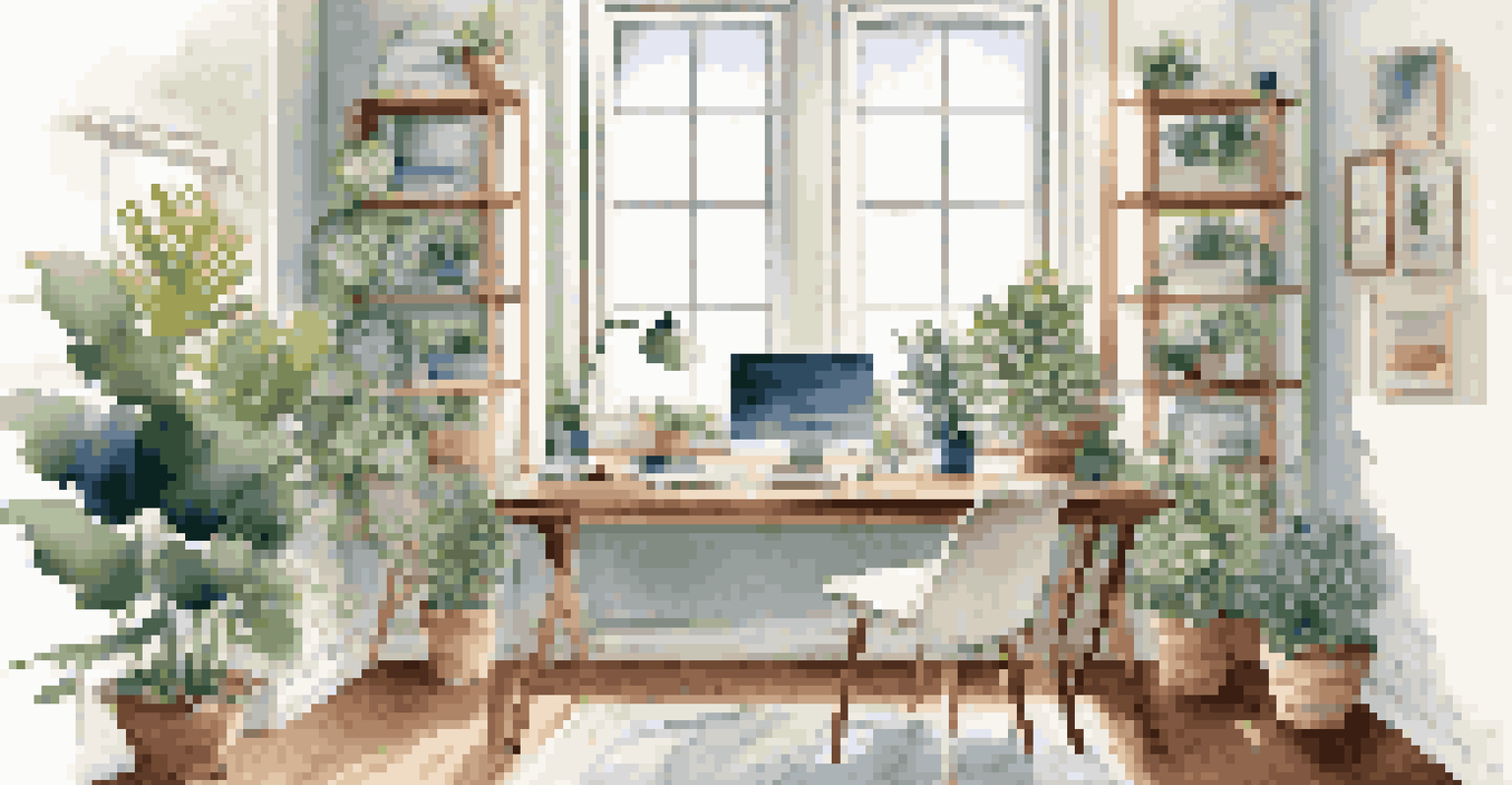 A well-designed home office with natural light, plants, and a stylish desk.