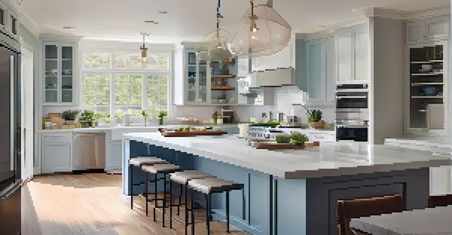A bright and modern kitchen with white cabinets, a large island, and natural light streaming in from the windows.