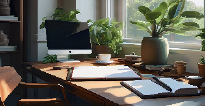 A peaceful workspace with a wooden desk, laptop, notepad, coffee cup, and green plants, illuminated by natural light from a large window.