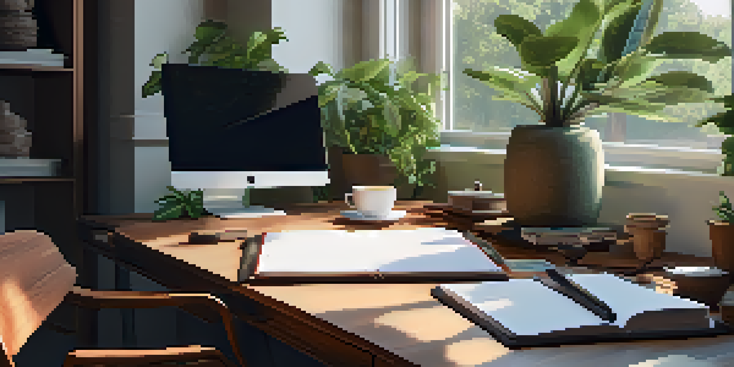 A peaceful workspace with a wooden desk, laptop, notepad, coffee cup, and green plants, illuminated by natural light from a large window.