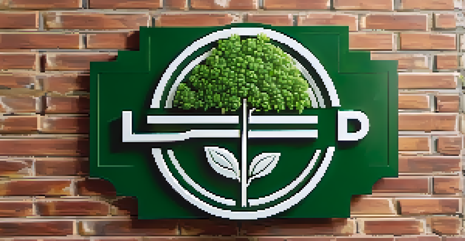 A close-up view of a green building certification badge on a brick wall, surrounded by plants.