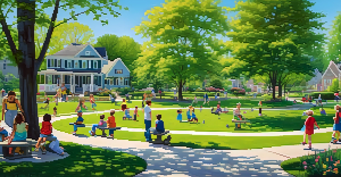 A colorful neighborhood park with families, children playing, and blooming flowers, under a sunny sky.