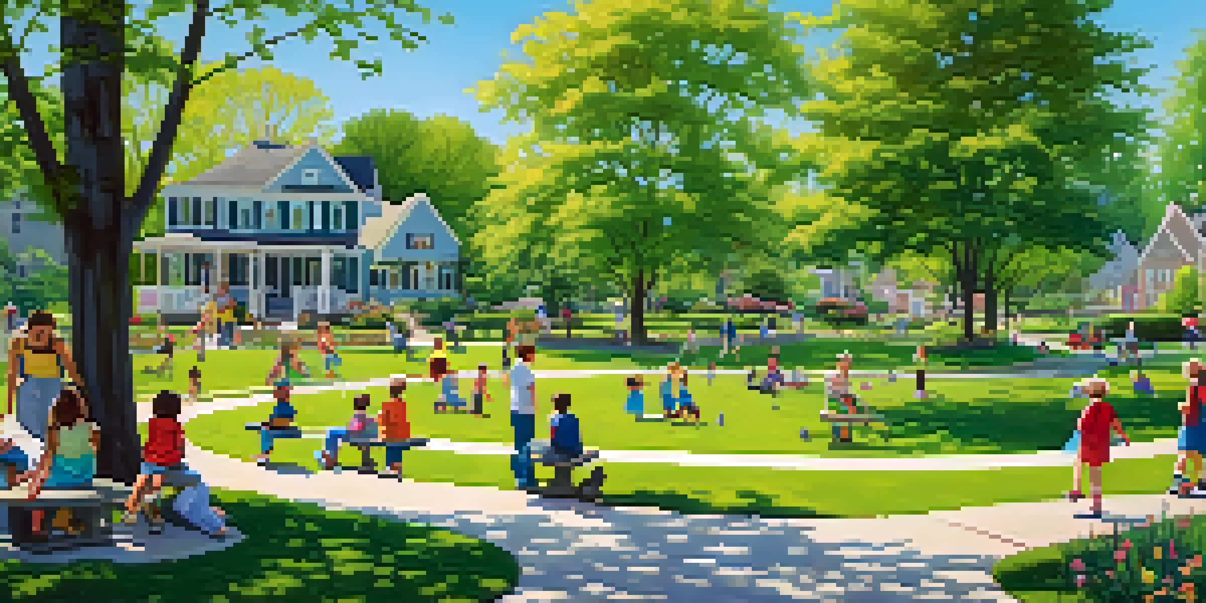 A colorful neighborhood park with families, children playing, and blooming flowers, under a sunny sky.