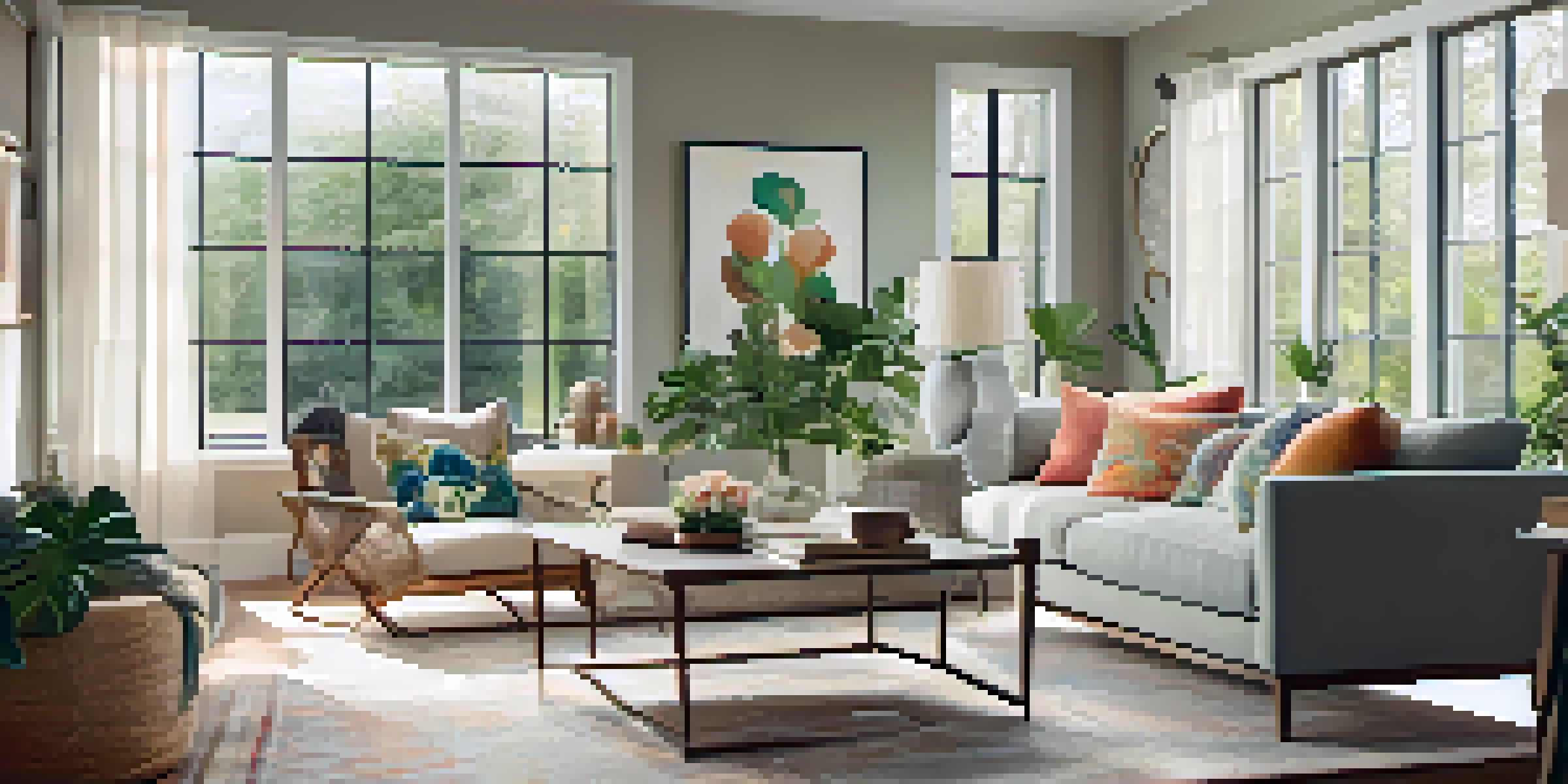A bright and inviting living room with a cozy sofa, colorful pillows, and natural light streaming through large windows.