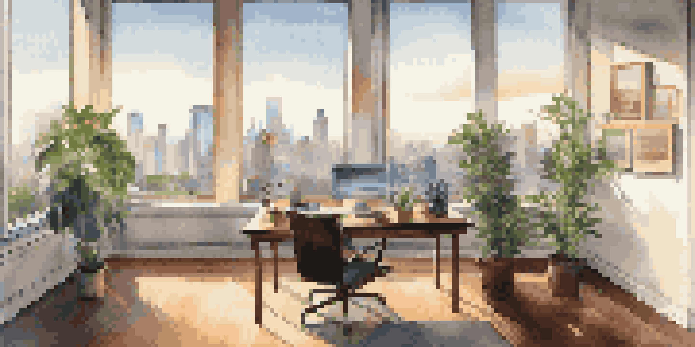 A bright and airy office with city skyline views, featuring a wooden desk and plants.
