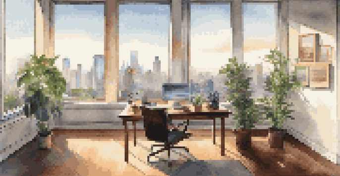 A bright and airy office with city skyline views, featuring a wooden desk and plants.