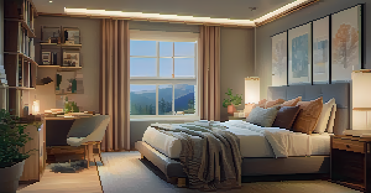 A cozy bedroom with a neatly made bed, warm lighting, and a small bookshelf in the corner.