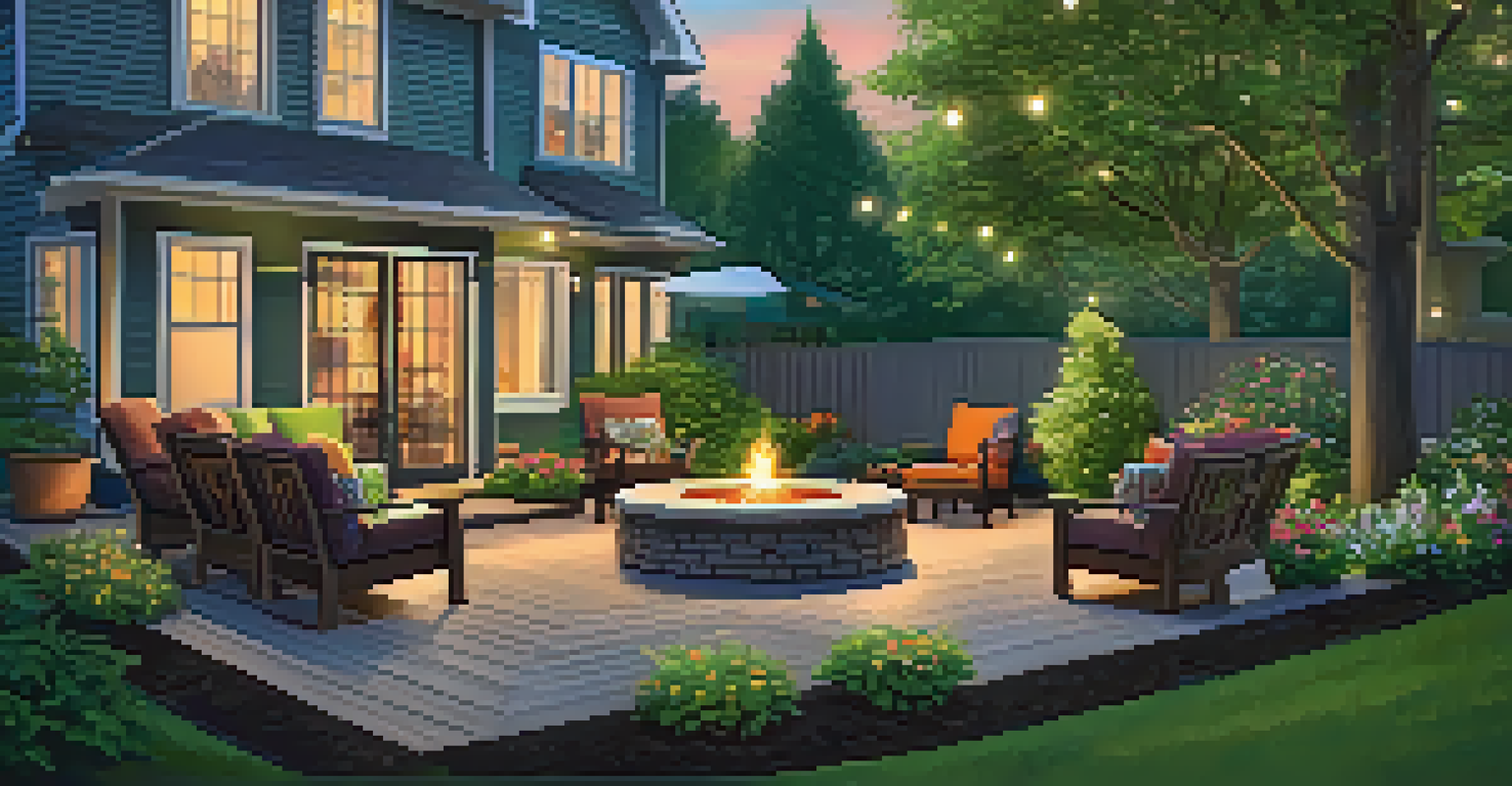 A serene backyard patio with a wooden deck, comfortable seating, string lights, and a colorful garden.