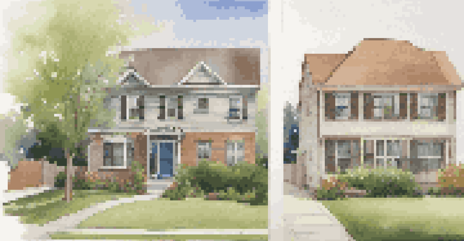 A split image showing a large suburban house with a backyard on one side and a small urban apartment on the other.