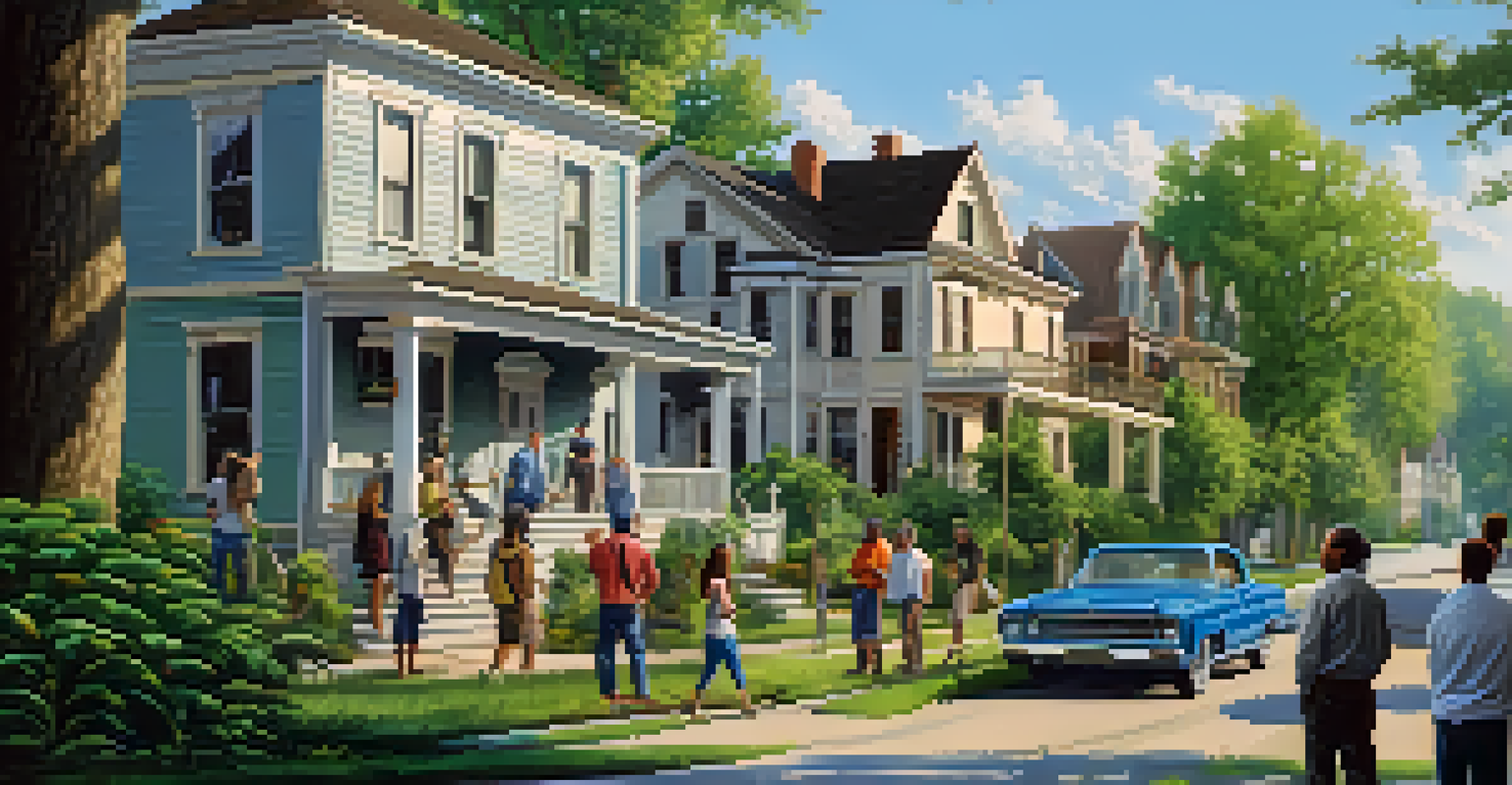 An investor group analyzing a distressed property in a sunny neighborhood, with greenery around.