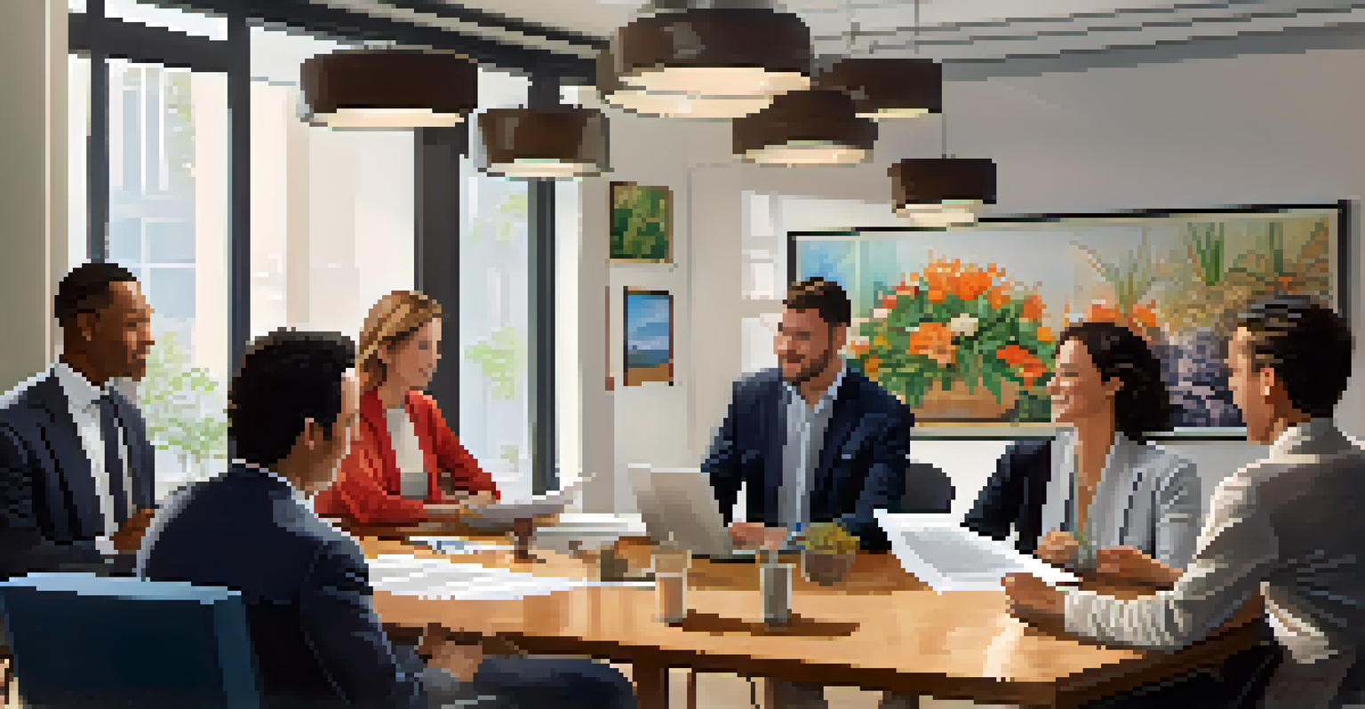 A diverse group of people in a real estate meeting, seated around a table with documents in a bright, modern office.
