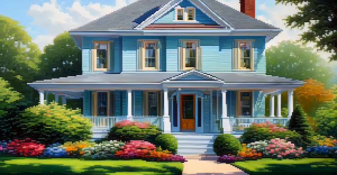 A light blue house with white trim surrounded by colorful flowers and green shrubs under soft sunlight.