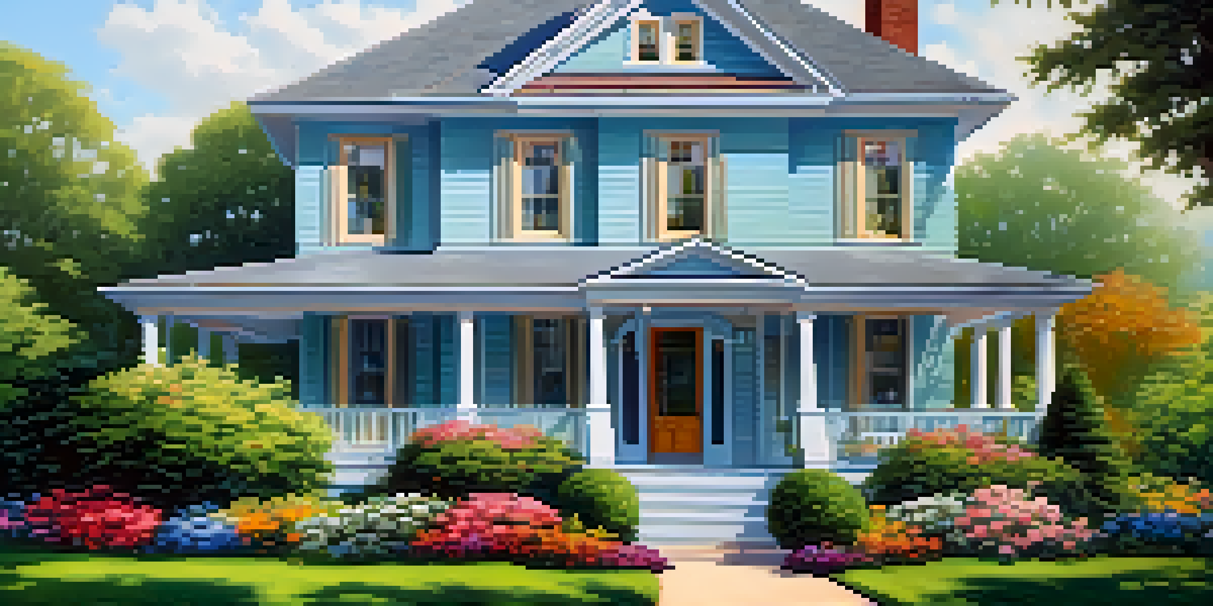 A light blue house with white trim surrounded by colorful flowers and green shrubs under soft sunlight.