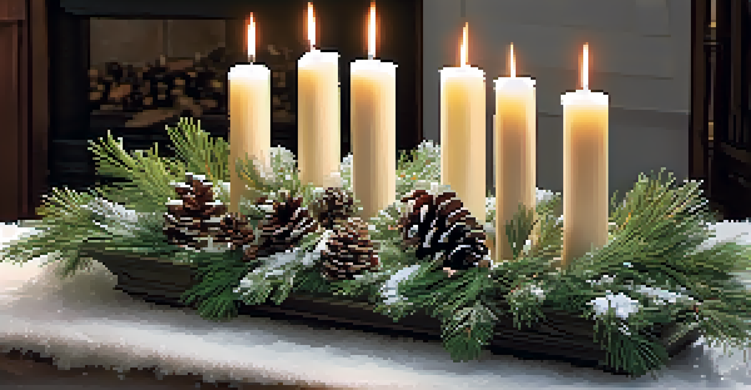 A winter centerpiece with evergreen branches, candles, and pinecones on a decorative tray.