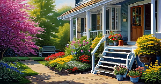 A colorful spring garden with blooming flowers, a ladder, and a pressure washer in bright sunlight.