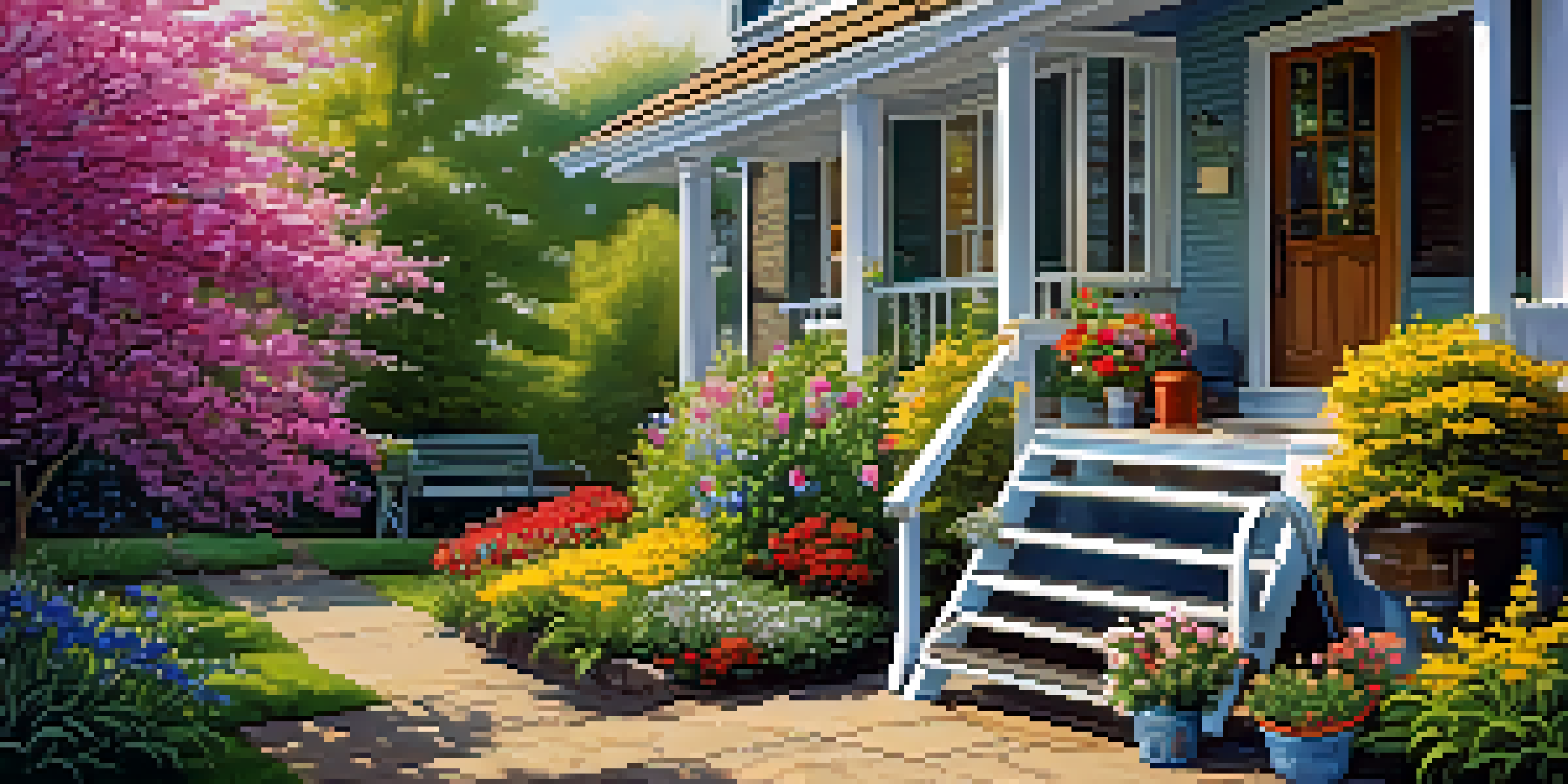 A colorful spring garden with blooming flowers, a ladder, and a pressure washer in bright sunlight.
