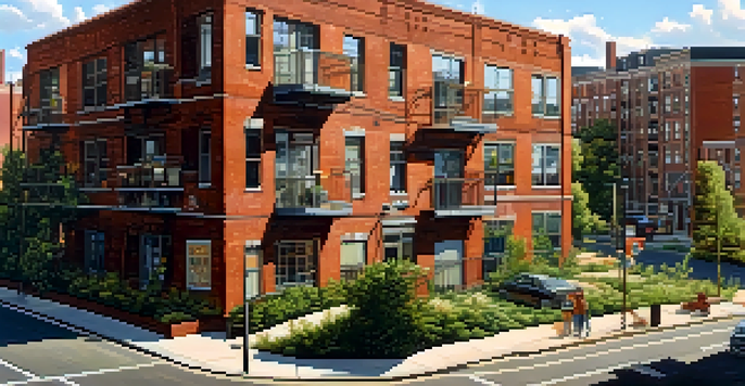 An urban landscape featuring residential and industrial buildings, with zoning signs and greenery, all under warm afternoon light.