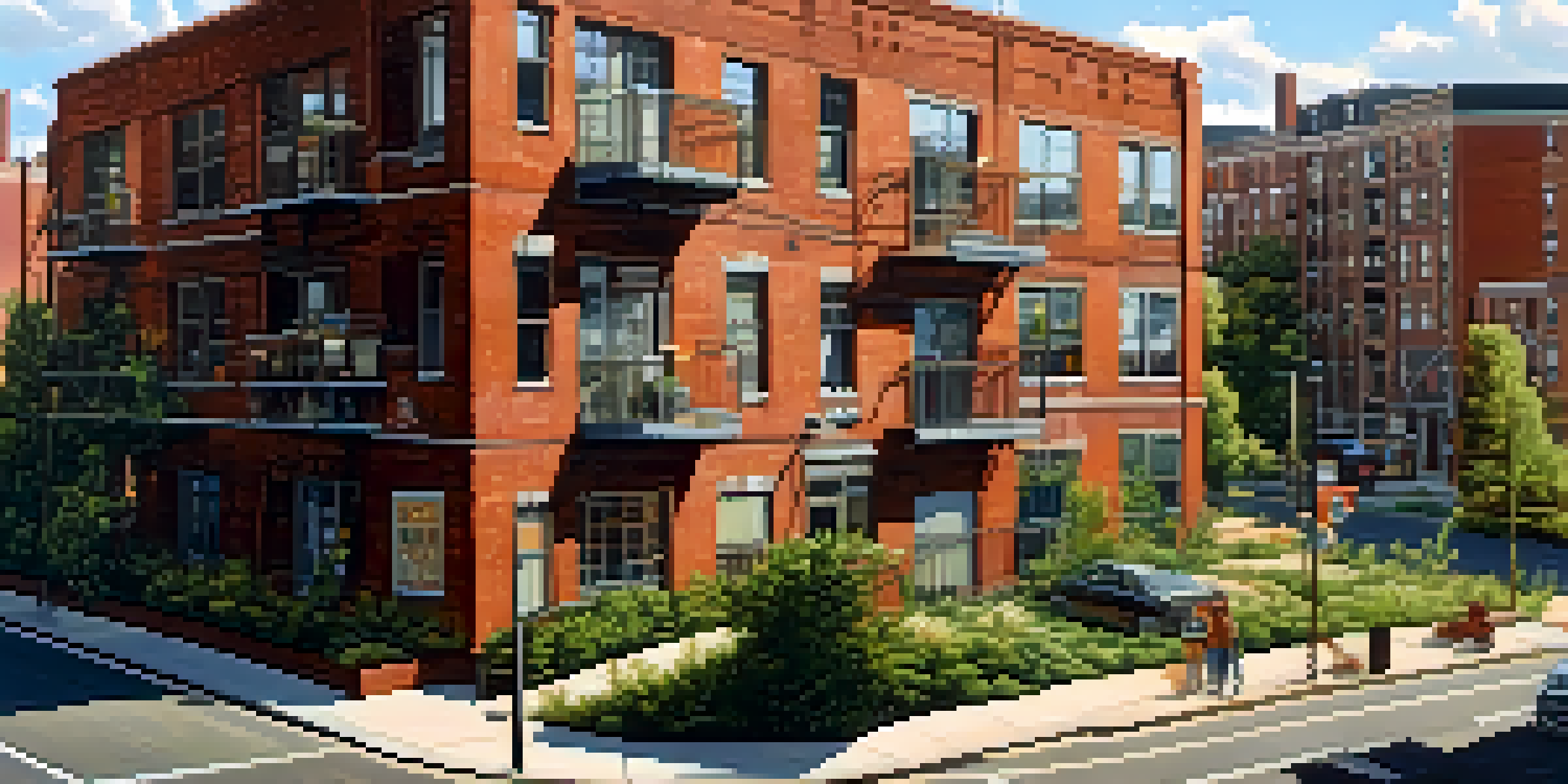 An urban landscape featuring residential and industrial buildings, with zoning signs and greenery, all under warm afternoon light.