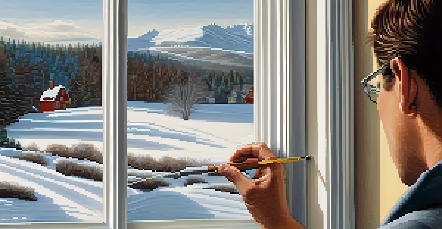 A close-up of a homeowner sealing a window for winter protection.