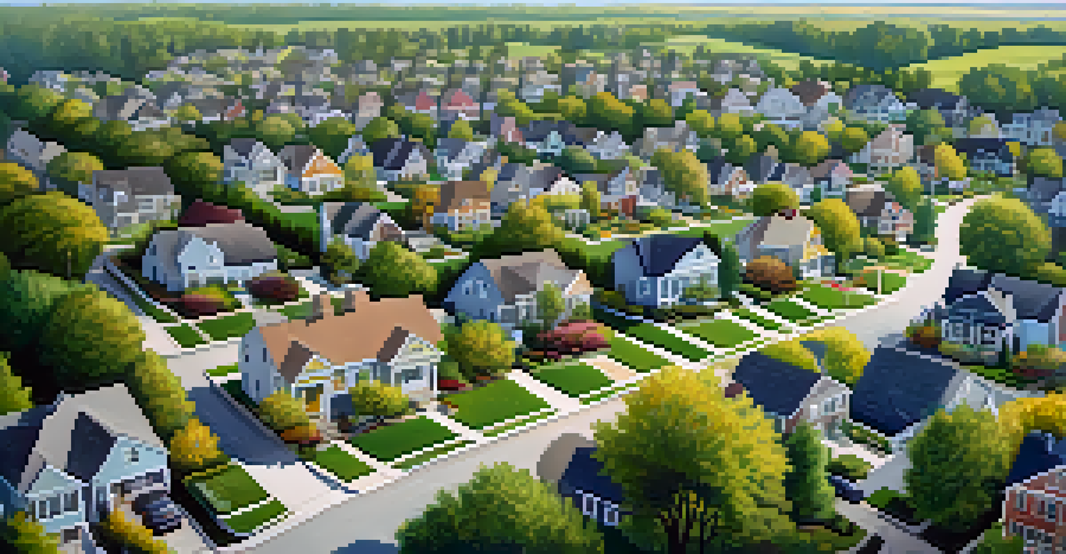 An aerial view of a vibrant neighborhood with well-maintained homes and green lawns under a sunny sky.