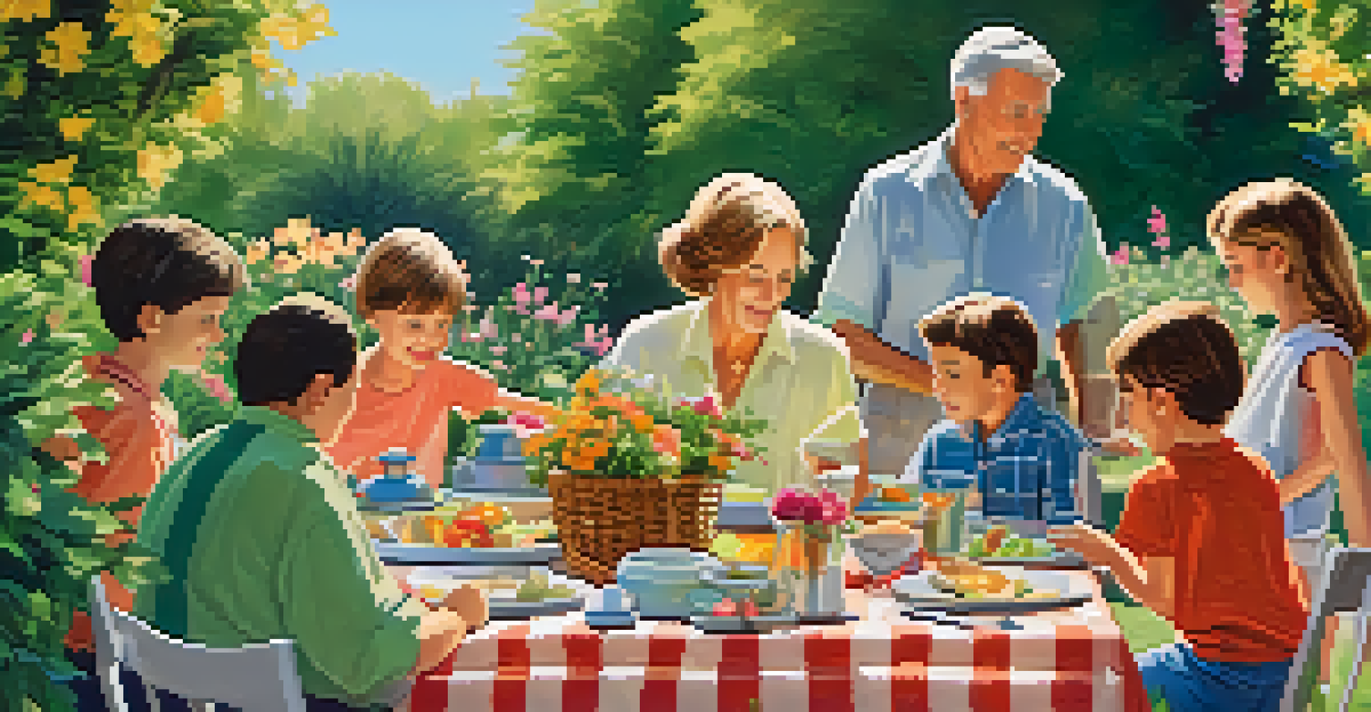 A family gathering in a garden with grandparents, parents, and children enjoying a picnic amidst colorful flowers and greenery.