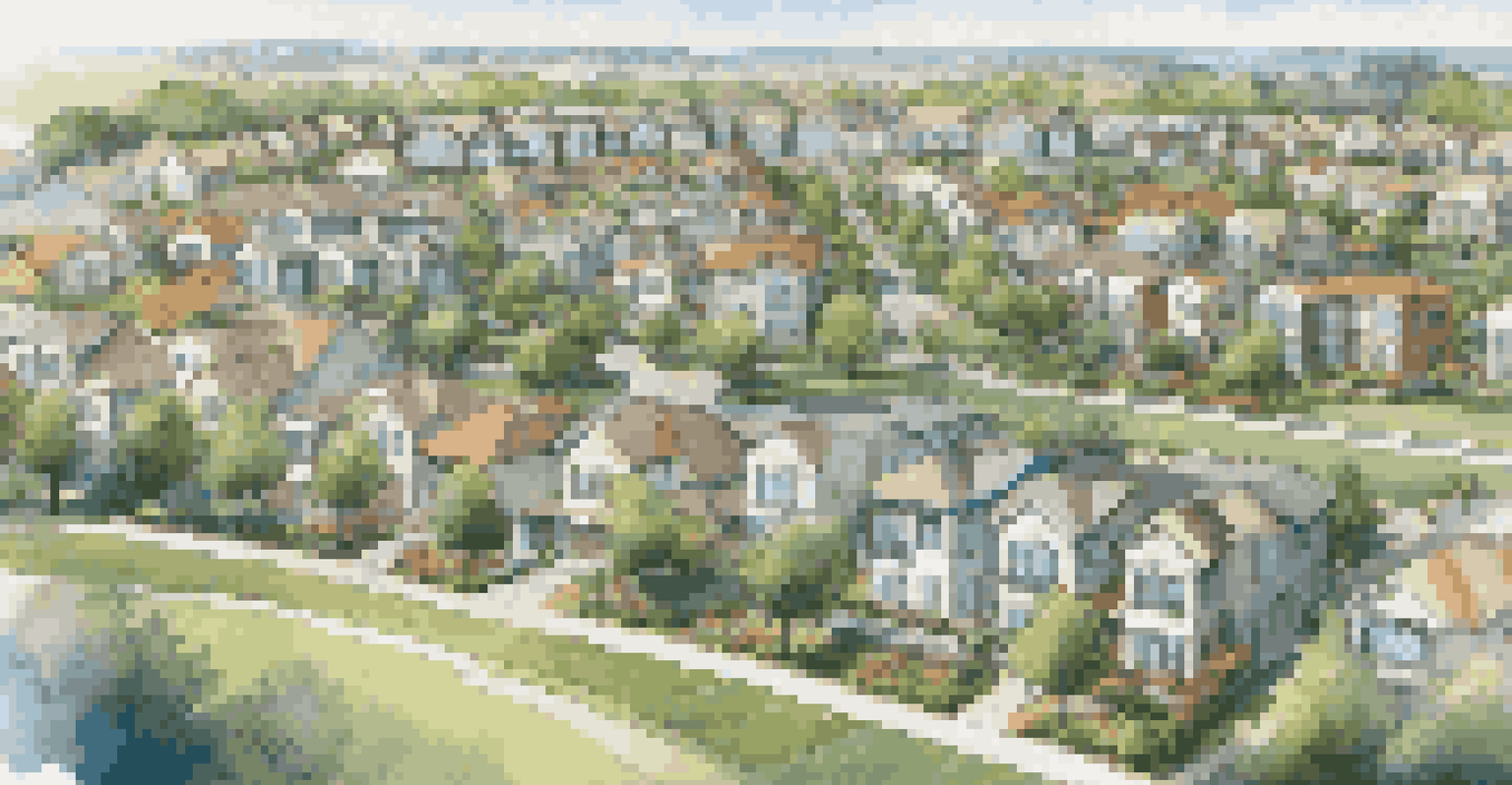 An aerial view of a new housing development with modern homes, surrounded by greenery and landscaped gardens.