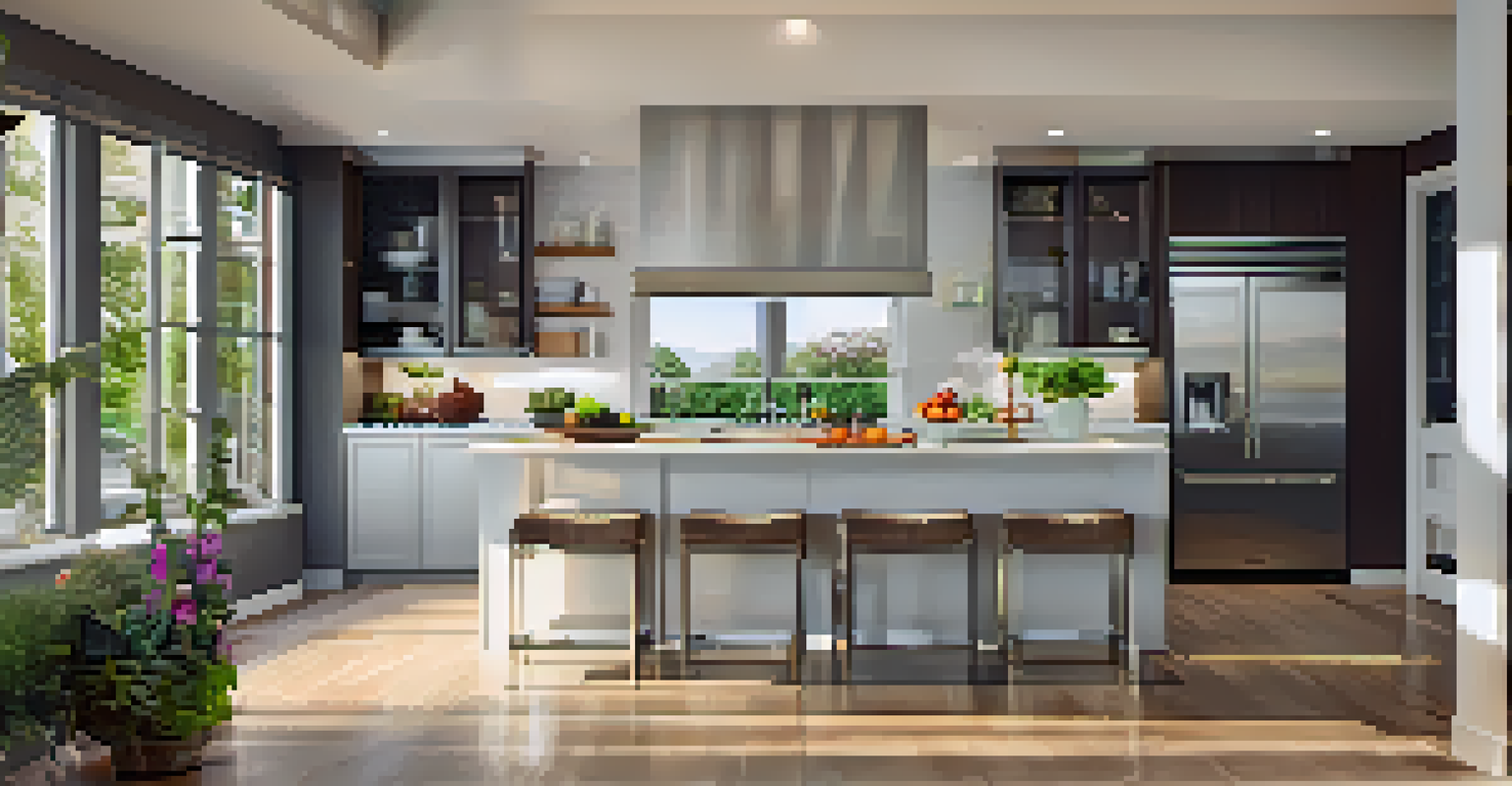 A modern kitchen featuring sleek cabinets, an island, and bright lighting, with fresh fruits on the countertop.