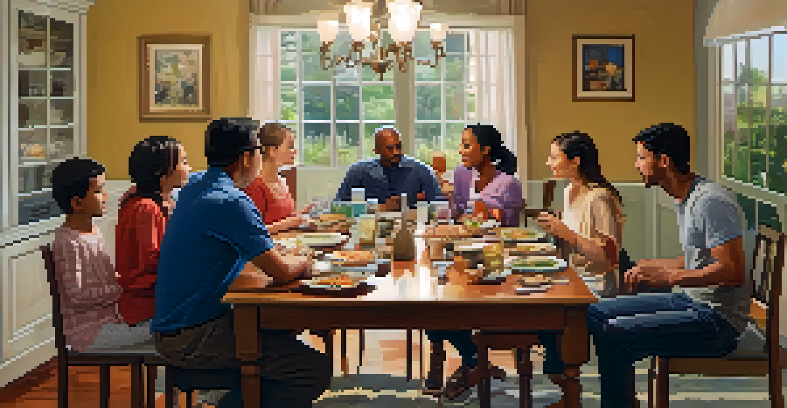 A diverse family discussing home security measures around a dining table.