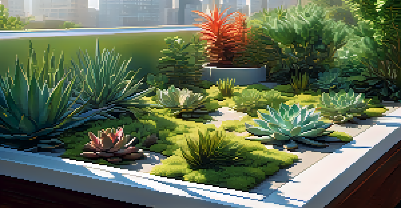 A close-up of a green roof showcasing succulents and flowers, with a serene seating area, illuminated by soft sunlight.