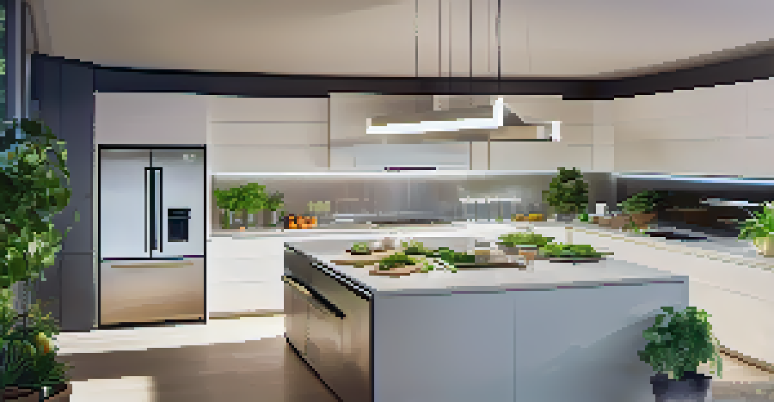 A modern kitchen displaying smart appliances and automated lighting, featuring a clean and sleek design.