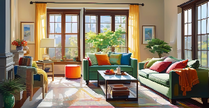 A cozy living room filled with natural light, featuring a comfortable sofa and a small plant on the coffee table.