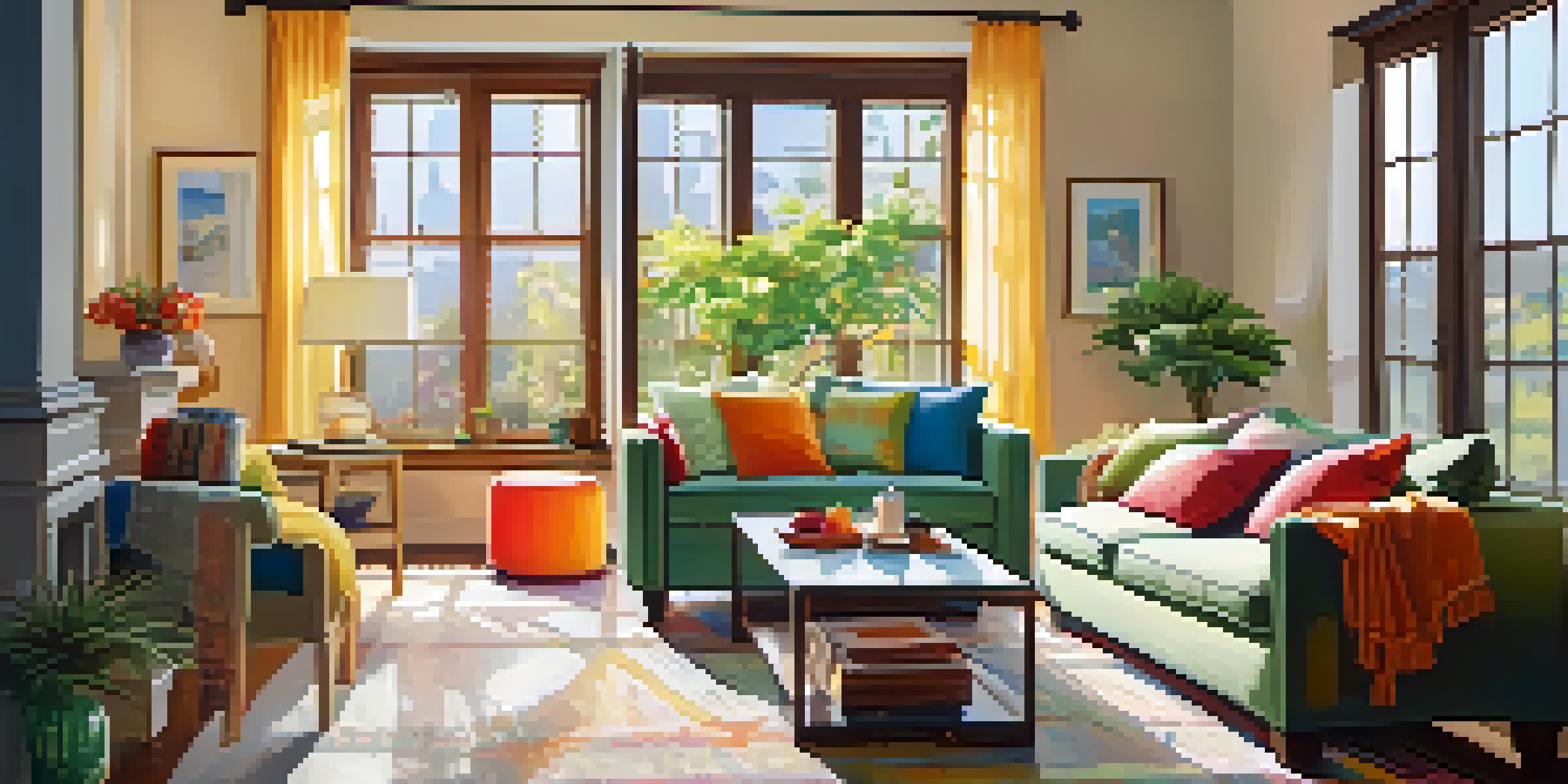 A cozy living room filled with natural light, featuring a comfortable sofa and a small plant on the coffee table.