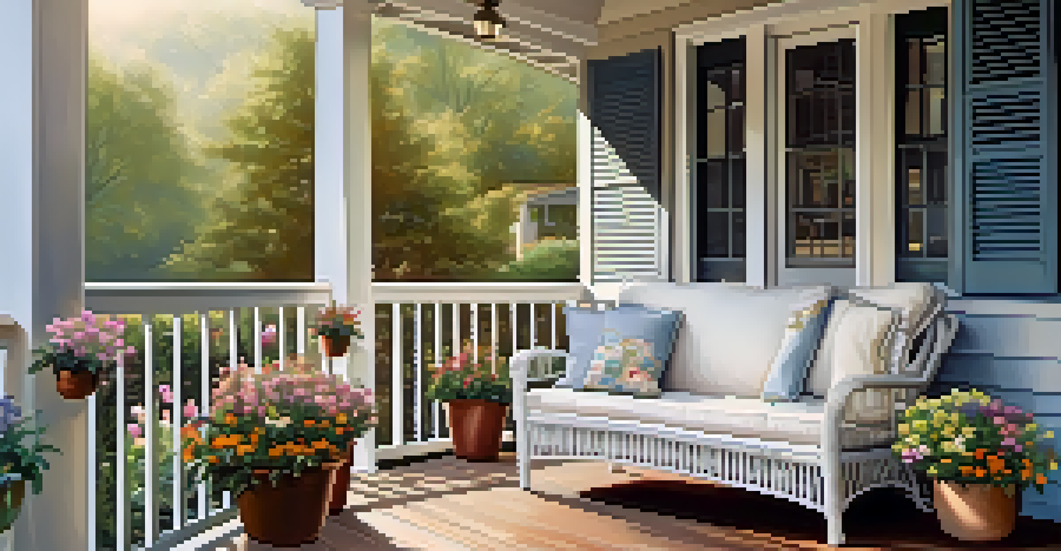 A sunlit porch with cozy seating and flowers, perfect for enjoying a morning coffee.
