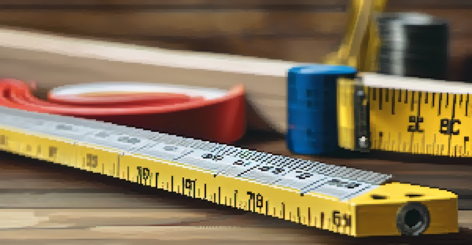 A close-up of a hand measuring a wooden plank with a tape measure on a workbench.
