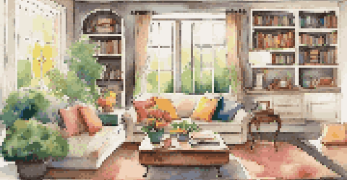 A cozy living room with a sofa, cushions, coffee table, books, and a view of a garden through a window.