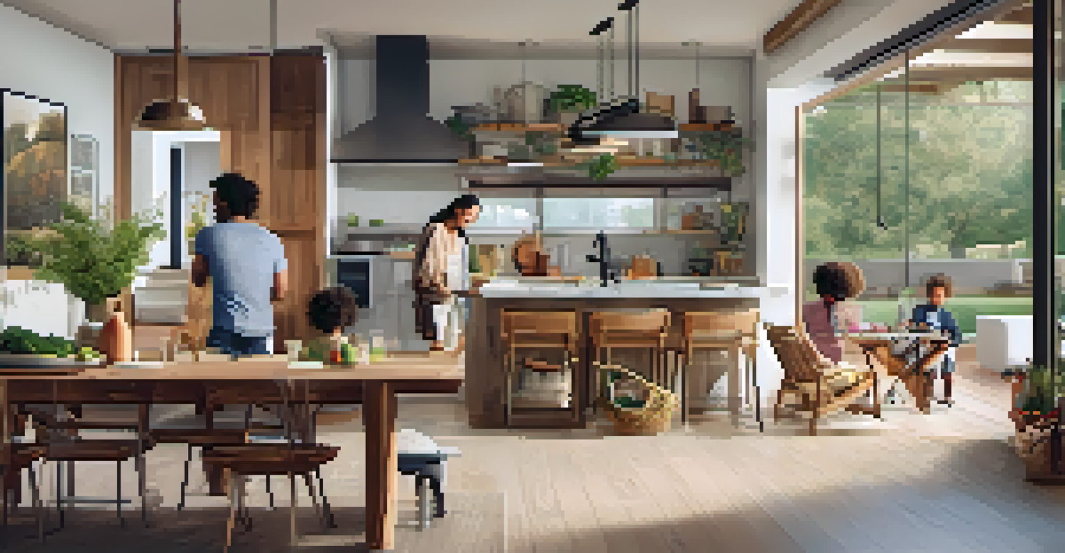 A family enjoying time together in an open floor plan, with one parent cooking and children playing nearby.