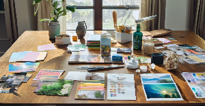 A vision board with images of homes, quotes, and creative materials on a wooden table, illuminated by natural light.