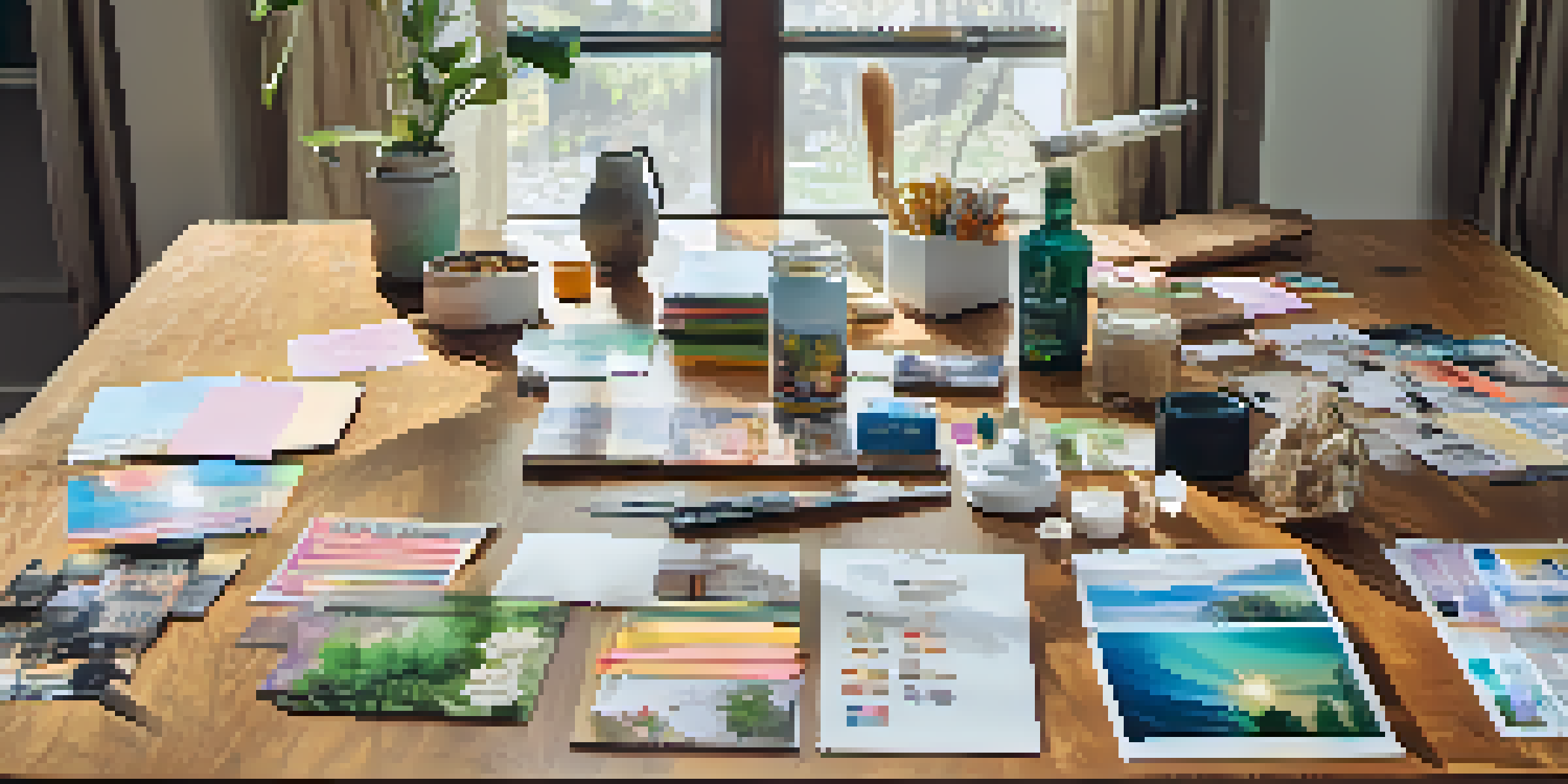 A vision board with images of homes, quotes, and creative materials on a wooden table, illuminated by natural light.