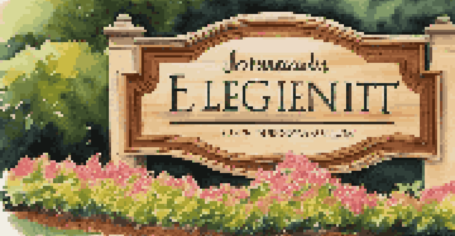 A close-up of a beautifully crafted sign at the entrance of a neighborhood, surrounded by flowers and shrubs in sunlight.