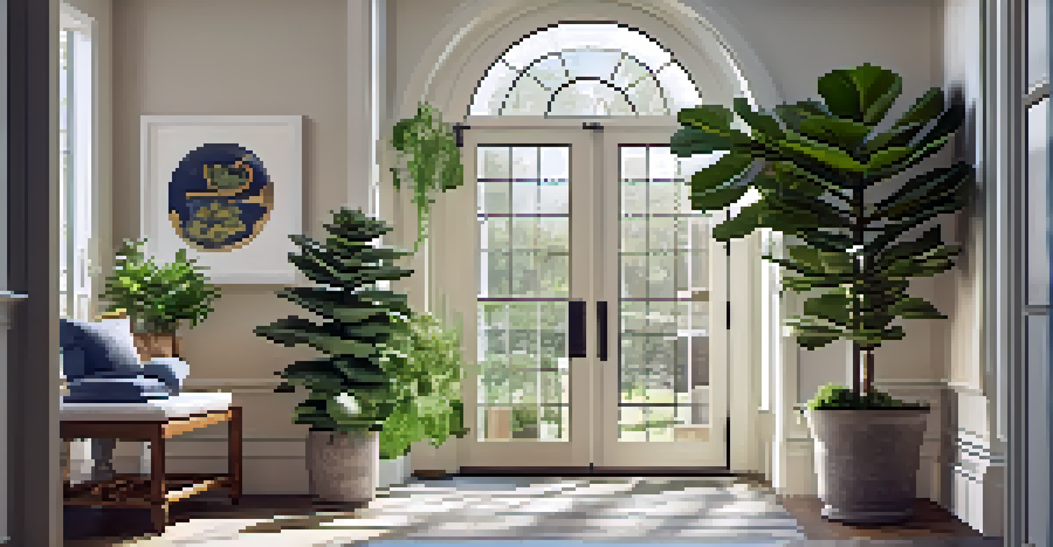 An entryway filled with greenery, including a tall fiddle leaf fig and small succulents, illuminated by warm natural light.