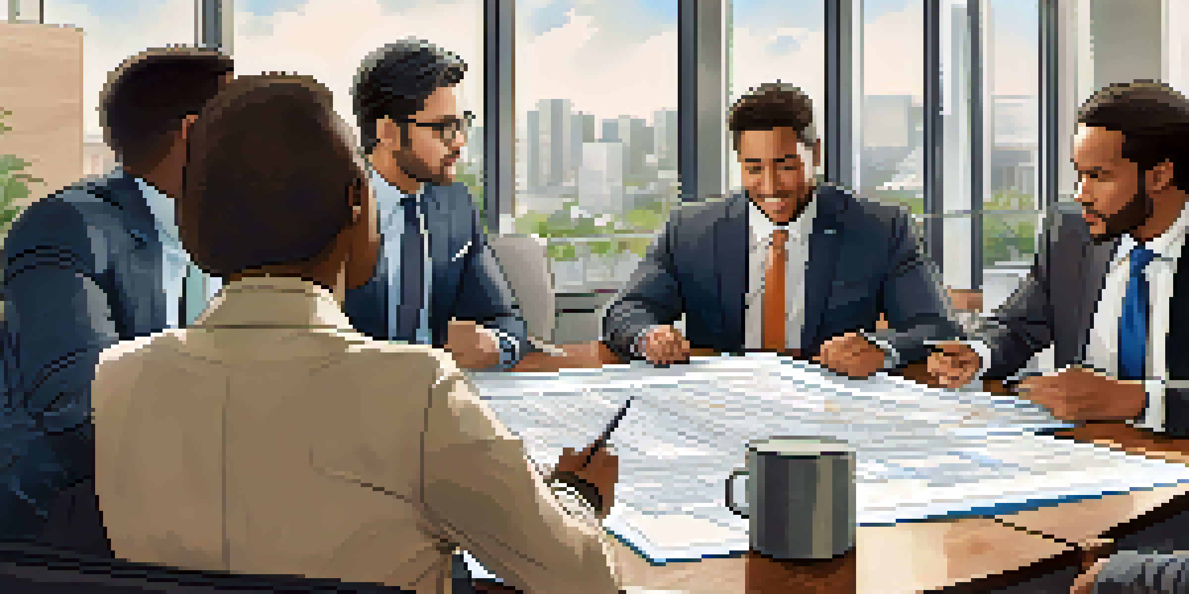A diverse group of investors having a discussion about real estate syndication at a large table, with blueprints and financial documents visible.