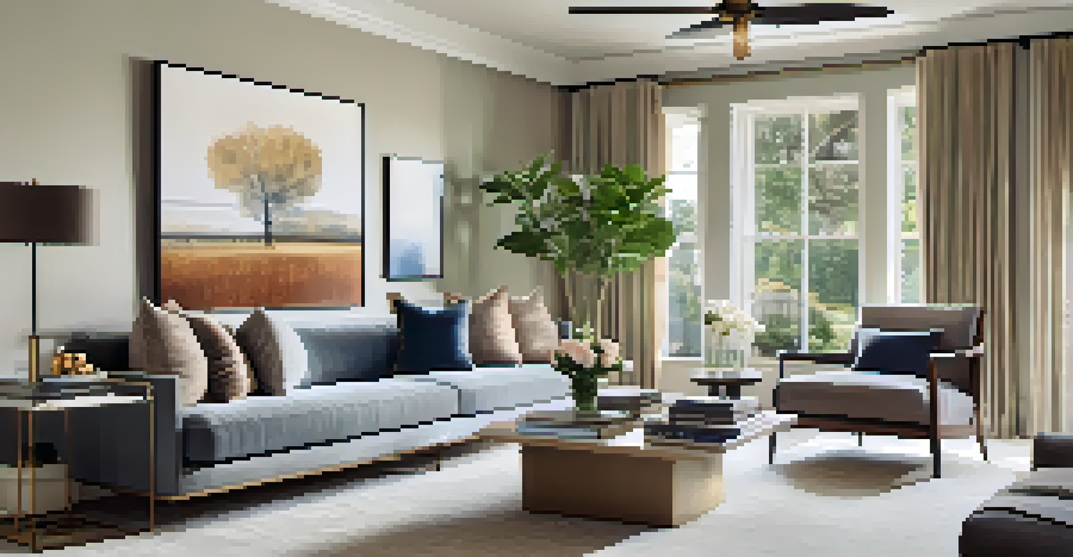 A beautifully staged living room with large windows, elegant furniture, and a cozy ambiance.