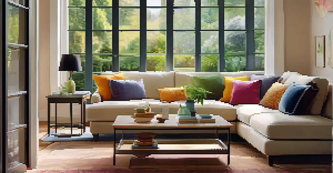 A bright and cozy living room with a comfortable sofa, colorful cushions, and a view of a lush garden through a large window.
