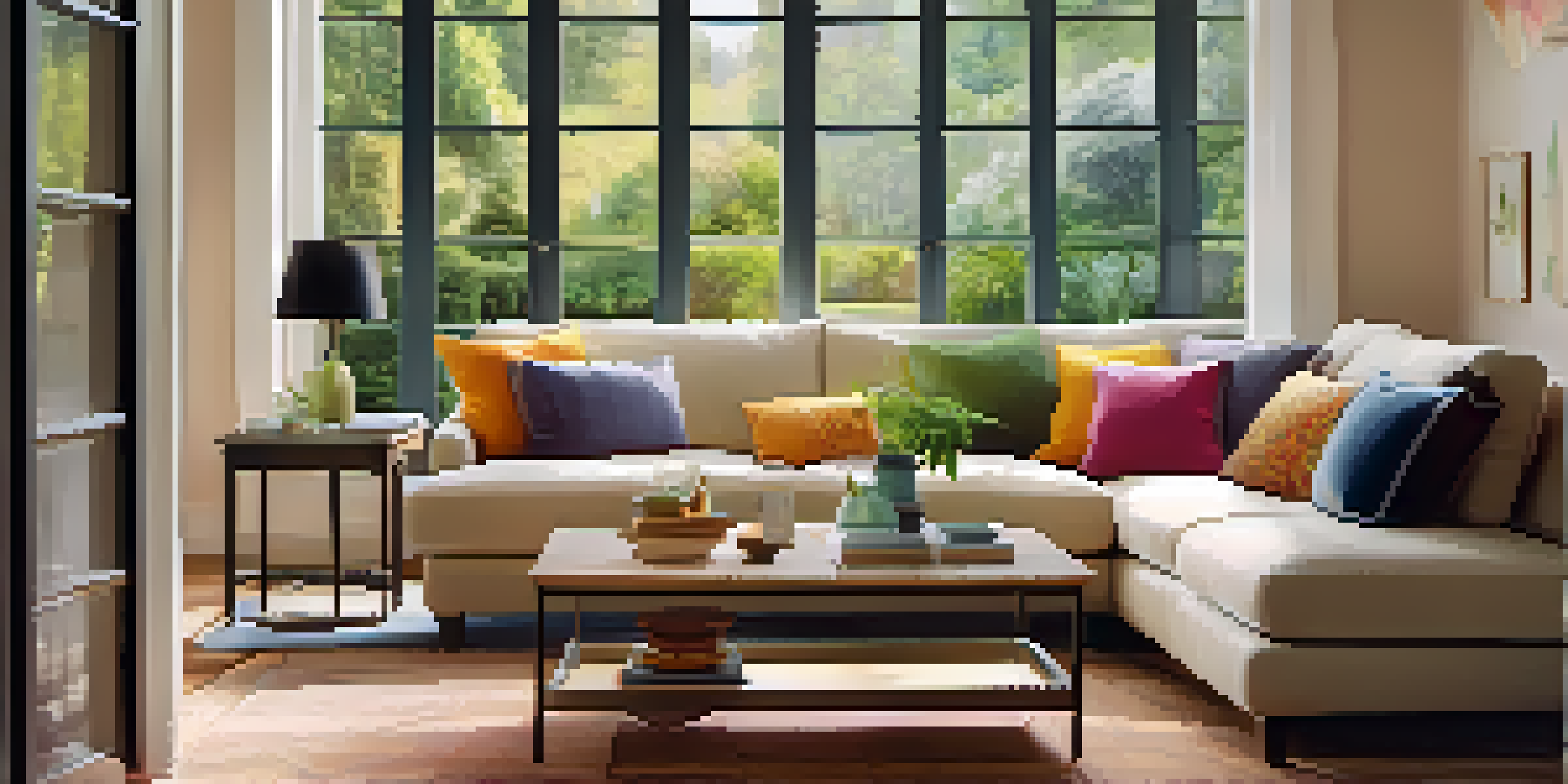 A bright and cozy living room with a comfortable sofa, colorful cushions, and a view of a lush garden through a large window.
