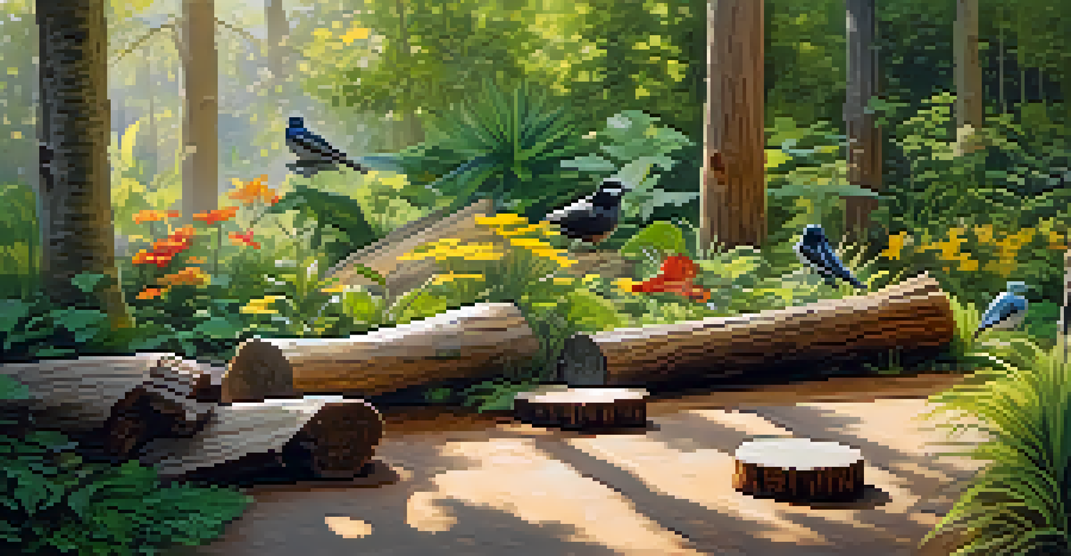 A peaceful seating area in a sensory pathway, with tree stumps and logs surrounded by lush plants and birds, illuminated by warm sunlight.